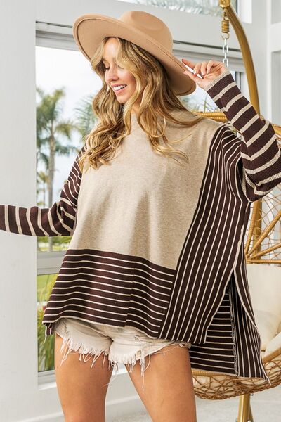 BiBi Striped Contrast Long Sleeve Slit Top-0
