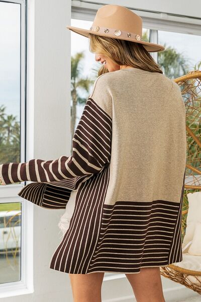 BiBi Striped Contrast Long Sleeve Slit Top-1