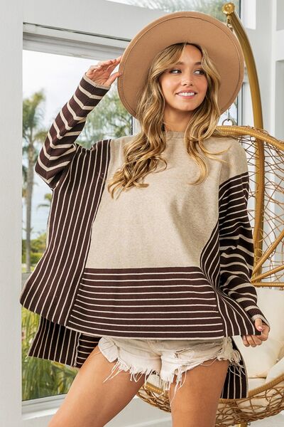 BiBi Striped Contrast Long Sleeve Slit Top-2